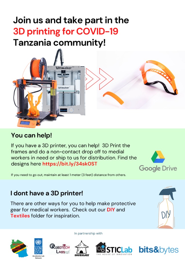 Caring 4 healthcare workers: <a href="/undptz/">UNDP Tanzania</a>  has teamed up w/  <a href="/RobotechLabsTZ/">RobotechLabsTZ</a> <a href="/bitsandbytestz/">Bits & Bytes Tech & Innovation Conference</a>  STIC &amp; Uhuru labs to support  3D printing of #PPEs responding to medical supplies scarcity amidst #COVID19 pandemic onslaught @bogohe <a href="/cmusisi2/">Christine Musisi</a> <a href="/ASteiner/">Achim Steiner</a> <a href="/ahunnaeziakonwa/">Ahunna Eziakonwa</a> <a href="/UNDPAccLabs/">UNDP Accelerator Labs</a> <a href="/UNDP/">UN Development</a>