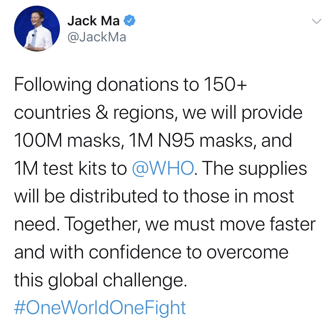 ChinaDaily's tweet image. Alibaba founder @JackMa announced that he and Alibaba would donate medical supplies to #WHO including 100 million clinical masks, 1 million N-95 masks, and 1 million test kits. "One world, one fight," he wrote on Twitter. #coronavirus #FightTogether