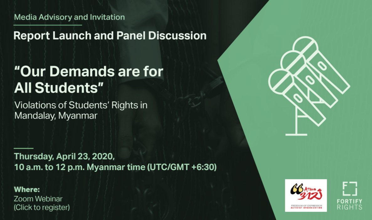#Myanmar: Join <a href="/athan_info/">ATHAN</a> and <a href="/FortifyRights/">Fortify Rights</a> on April 23 for the joint report launch of “Our Demands are for All Students." Hear from @Chaungalay, <a href="/thinzashunleiyi/">Thinzar Shunlei Yi</a>, <a href="/BogartJacob/">Jacob Bogart</a>, and <a href="/AmyAlexSmith/">Amy A. Smith</a>.  With powerful photographs from <a href="/hkun_lat/">Hkun Lat</a>.

mailchi.mp/fortifyrights/…
