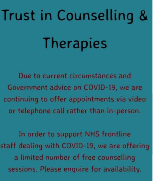 BelieveInYouCo1's tweet photo. I am currently working with trust in counselling and we are offering a number of free counselling sessions to frontline NHS staff.

You can contact us on...

07761611125
Believeinyoucounselling@gmail.com 
https://t.co/VRmfhm9b3Y 

https://t.co/BLJCPdd98C https://t.co/rsXTKIbQpe