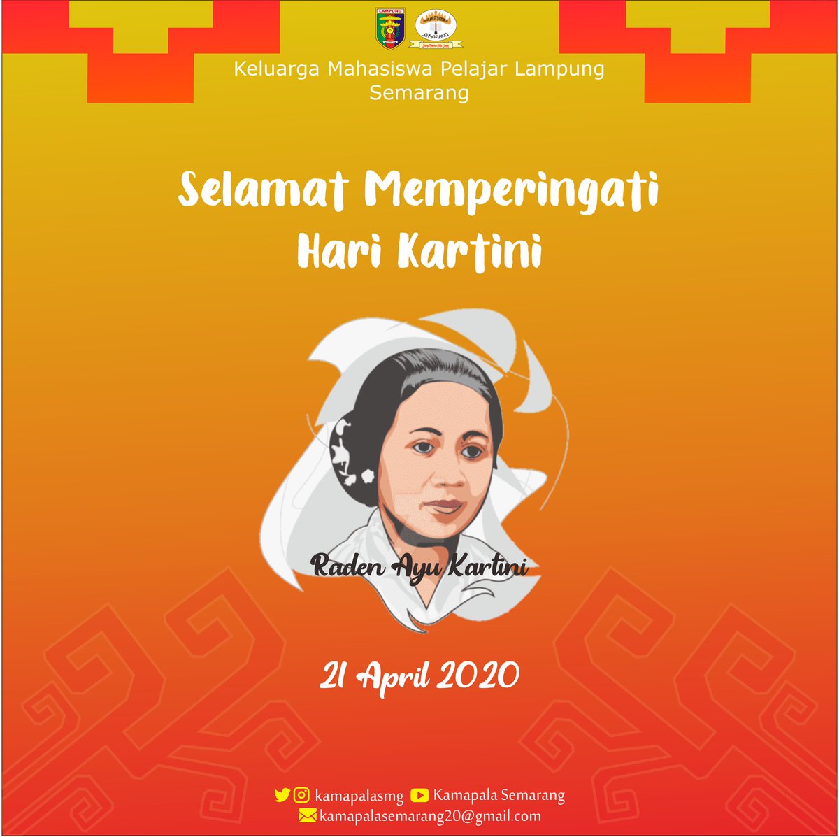 Kamapalasmg's tweet photo. [Hari Kartini]
"Banyak hal yang bisa menjatuhkanmu, Tapi satu-satunya hal yang benar dapat menjatuhklanmu adalah sikapmu sendiri" ~ R.A Kartini
Kami Keluarga Mahasiswa Pelajar Lampung Semarang (KAMAPALA) mengucapkan selamat Hari Kartini 
#lampung #kartiniday https://t.co/tQ45aA8O56
