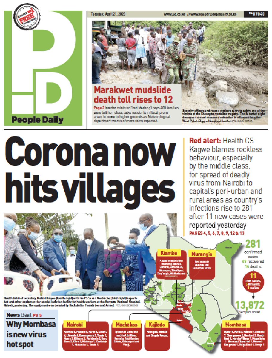K24Tv's tweet image. Health CS Mutahi Kagwe blames reckless behaviour, especially by the middle class, for spread of #COVID19 from Nairobi to capital's peri-urban and rural areas.
Total confirmed cases in Kenya are now 281.
#TalkToPD