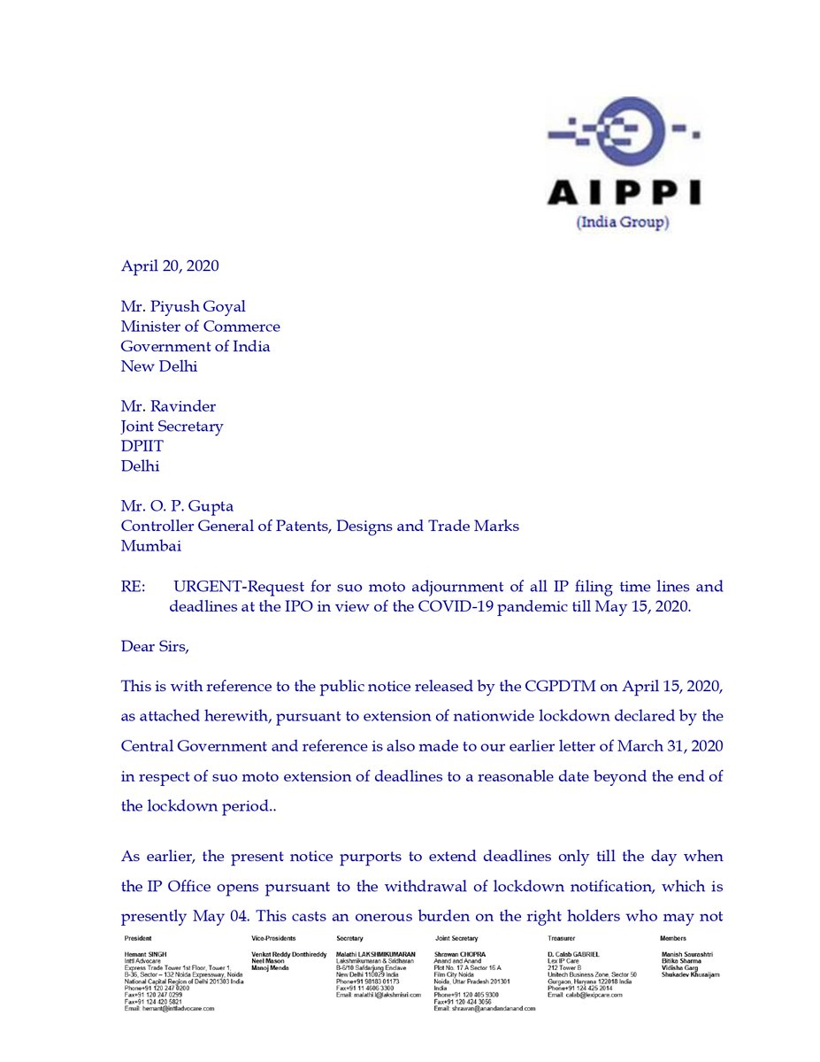 AippiG's tweet photo. AIPPI India requests deferment of all IP deadlines till May 15 in view of COVID-19 situation.Seeking clarity/clear directions to avoid hardships/loss of rights. Please respond favorably @DIPPGOI @PiyushGoyalOffc @cgpdtm_india @PMOIndia @IPO_India https://t.co/7AJabK5UOB