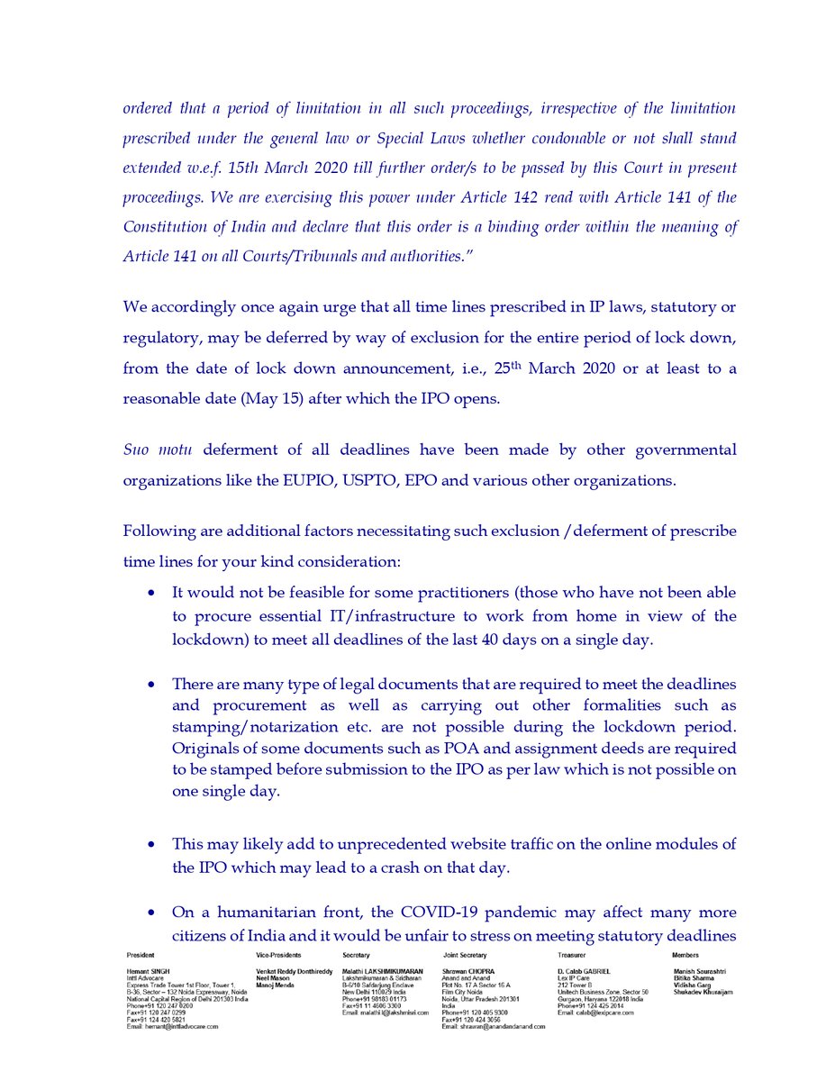 AippiG's tweet photo. AIPPI India requests deferment of all IP deadlines till May 15 in view of COVID-19 situation.Seeking clarity/clear directions to avoid hardships/loss of rights. Please respond favorably @DIPPGOI @PiyushGoyalOffc @cgpdtm_india @PMOIndia @IPO_India https://t.co/7AJabK5UOB