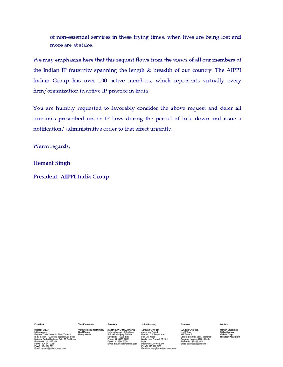 AippiG's tweet photo. AIPPI India requests deferment of all IP deadlines till May 15 in view of COVID-19 situation.Seeking clarity/clear directions to avoid hardships/loss of rights. Please respond favorably @DIPPGOI @PiyushGoyalOffc @cgpdtm_india @PMOIndia @IPO_India https://t.co/7AJabK5UOB