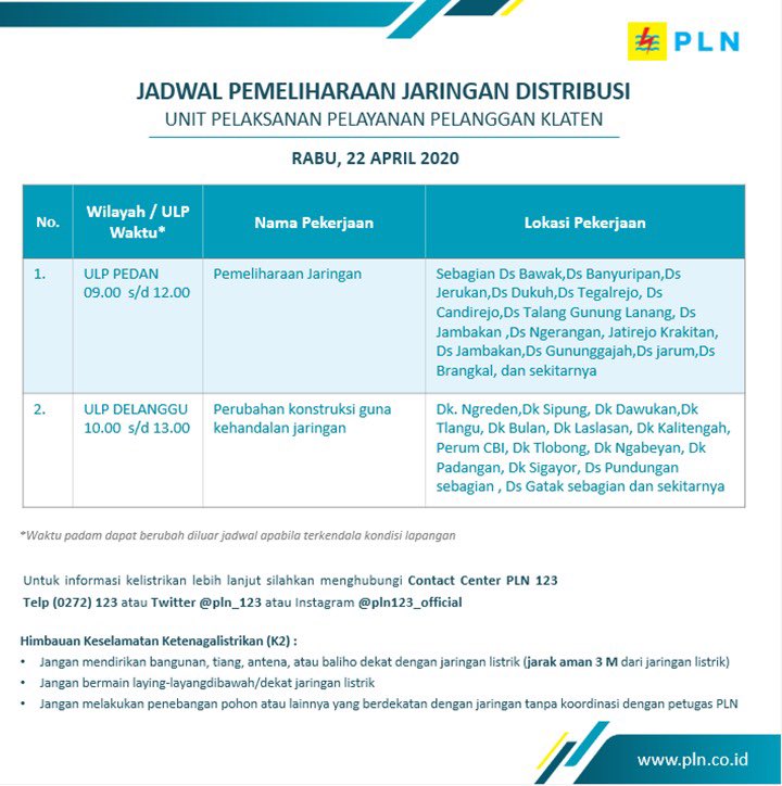 #infoPLN 
Rencana pemeliharaan jaringan untuk wilayah kerja ULP Delanggu &amp; ULP Pedan, besok hari Rabu tanggal 22 April 2020.