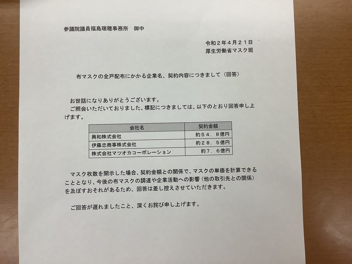 アベノマスクの発注先と金額が一部明らかになる 興和株式会社約54 8億円 伊藤忠商事約28 5億円 株式会社マツオカコーポレーション約7 6億円 Togetter