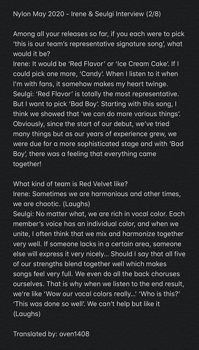 oven1408's tweet photo. Nylon Magazine May 2020 - Irene &amp; Seulgi Interview Translations (Part 1/2) https://t.co/s7UoUw9fRM