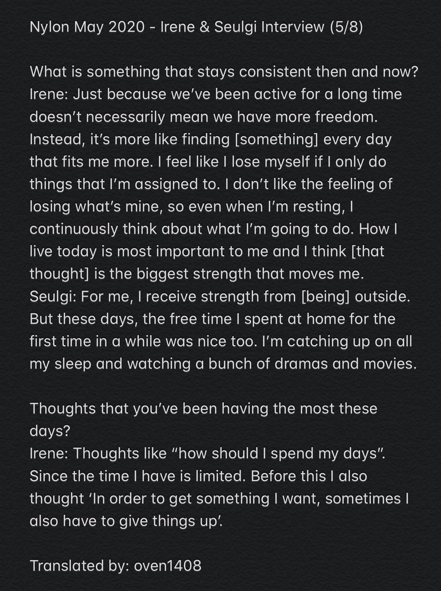 oven1408's tweet photo. Nylon Magazine May 2020 - Irene &amp; Seulgi Interview Translations (Part 2/2) https://t.co/qVUh5Y3875