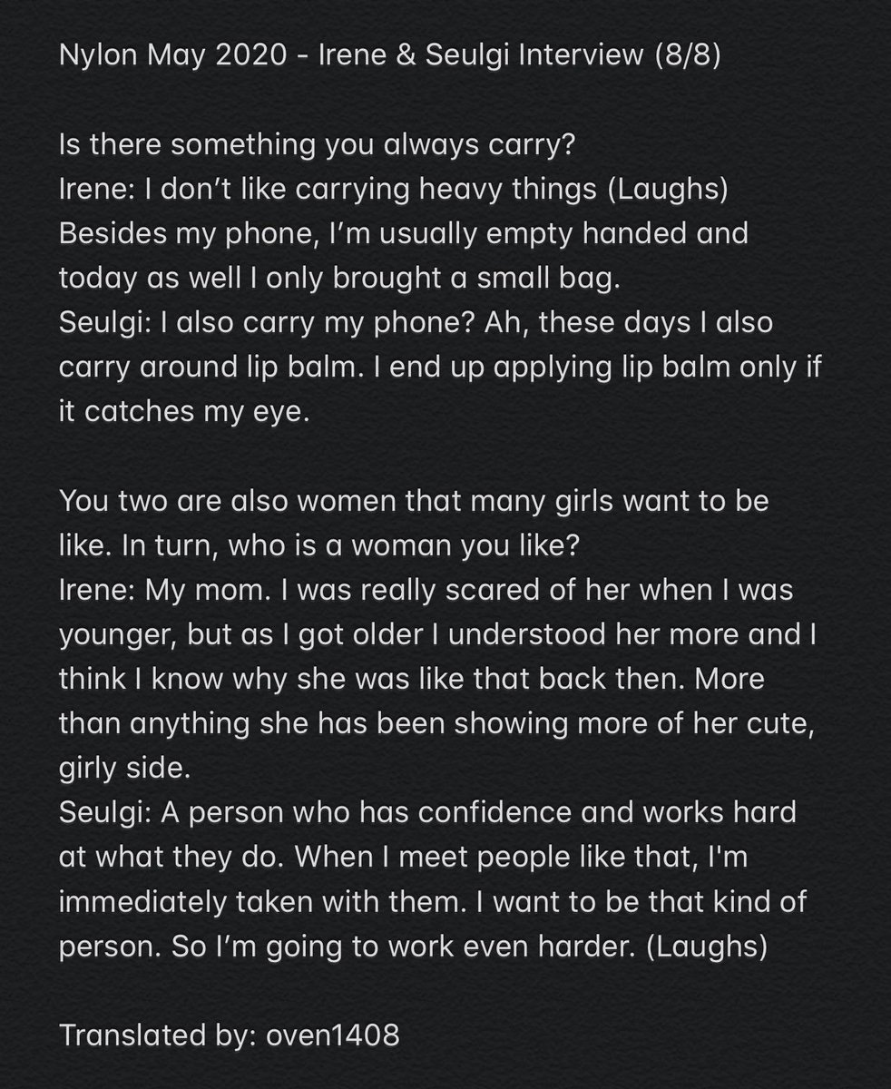 oven1408's tweet photo. Nylon Magazine May 2020 - Irene &amp; Seulgi Interview Translations (Part 2/2) https://t.co/qVUh5Y3875