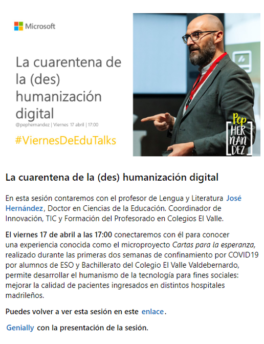 MicrosoftEduEsp's tweet photo. 📢Ya disponible la sesión de #ViernesDeEduTalks que hicimos el viernes pasado de la mano de @pephernandez. Conocimos una experiencia muy emocionante y transformadora gracias a esas cartas para la esperanza. Podéis verlo en https://t.co/SSuMTixmdd. Este viernes os traemos más👏 https://t.co/yWyMFpJrGA