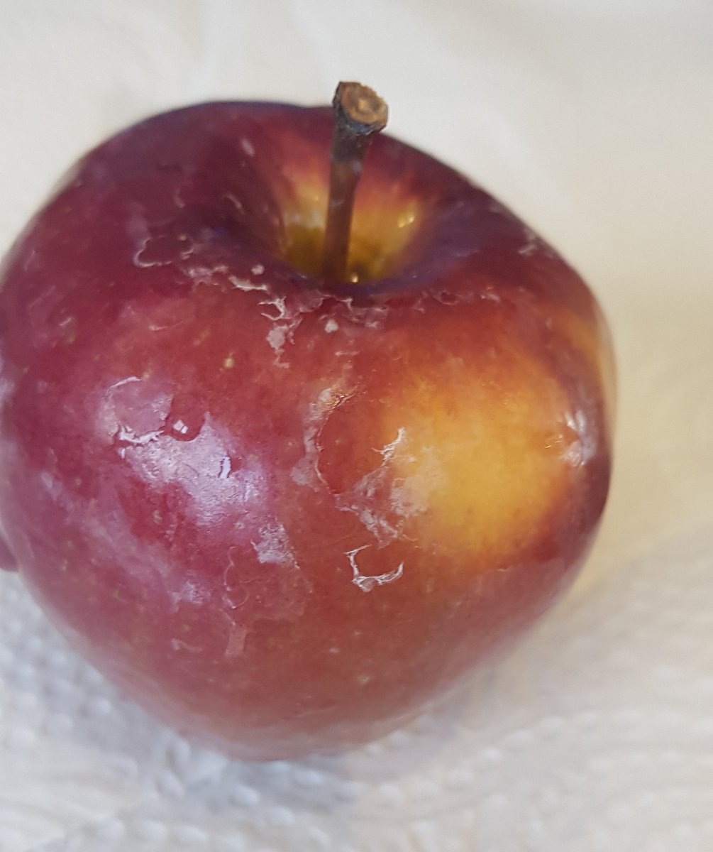 I have to admit I thought it was a joke but this looks like food grade wax. I'm a tiny bit grossed out but very curious. There are positive and negative articles online about fruit wax but many do say apples can be up to 1 year old when you buy them as they're often stored first.