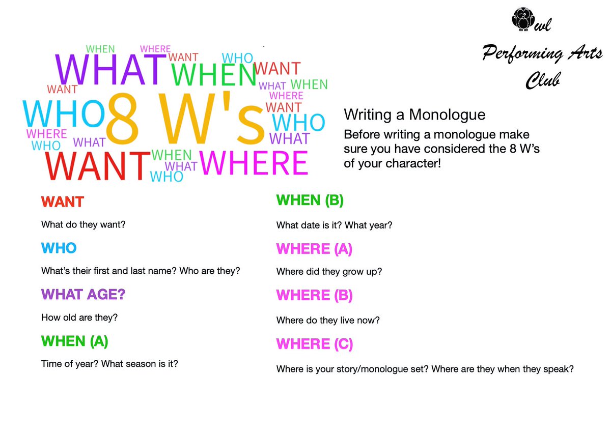 HowellActingSch's tweet photo. We are currently working on the 8 W’s to help us with our monologue writing for our HerStory project!!! 
Before writing any monologue use this exercise to gain a better understanding of your character! 
#monologue #learnsomethingnew #remotelearning #herstory #staystrong #COVID19 https://t.co/T8IJSsFRw2