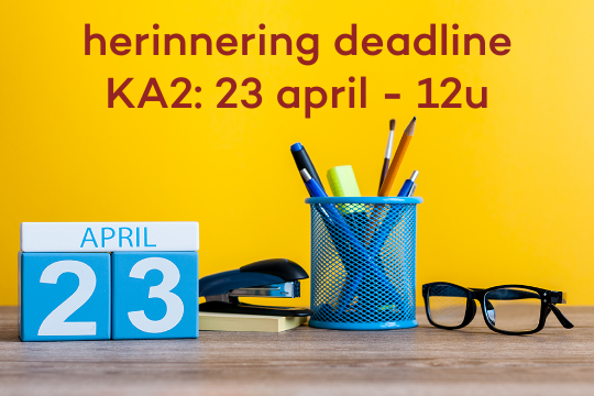 EPOSvzw's tweet photo. Ooit mogen we weer uit ons kot. Mis de #deadline voor je KA2-aanvraag niet! Succes! 👊
Meer info: https://t.co/uaAqmS4bx5
#Erasmus #ErasmusPlus #strategischpartnerschap https://t.co/J1qWjp5bn1