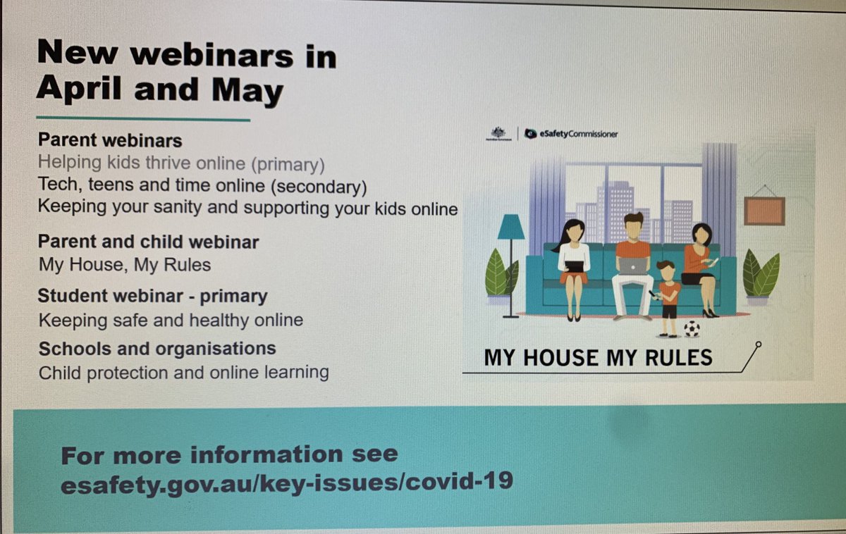 Parents  #OnlineSafety guide is available  https://www.esafety.gov.au/parents/online-safety-guide AND  @eSafetyOffice are now running additional webinars starting in response to  #COVID19Aus re keeping your sanity & supporting kids online 