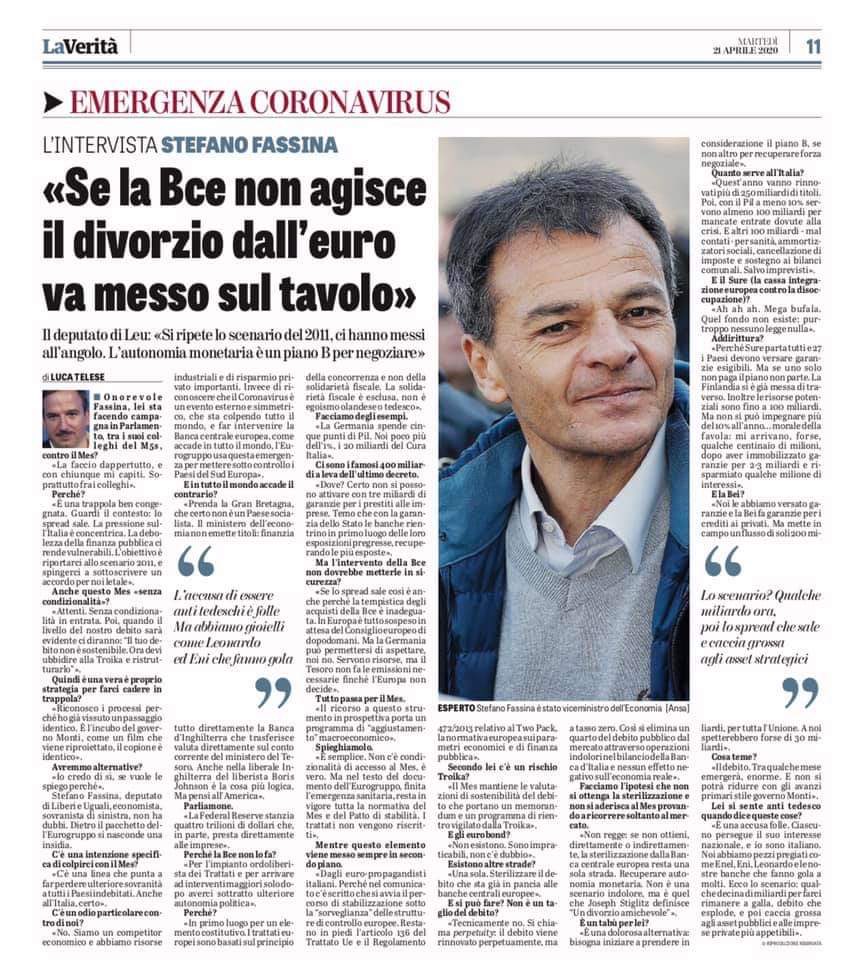 StefanoFassina's tweet photo. No #Mes ma sterilizzazione da Bce o, per €-zona, ‘divorzio amichevole’. Grazie ⁦@lucatelese⁩ ⁦@LaVeritaWeb⁩ #COVID19 https://t.co/8WSVIDMjtN