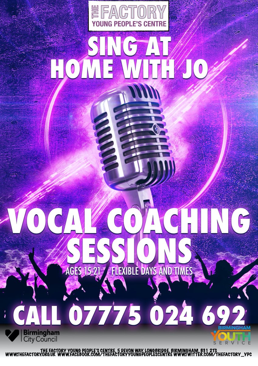 Check out our #VocalCoaching sessions with Jo.  Give her a call for more information or to book a slot.
#NoFactoryNoProblem #YouthWorkAtHome #YouthWorkWorks