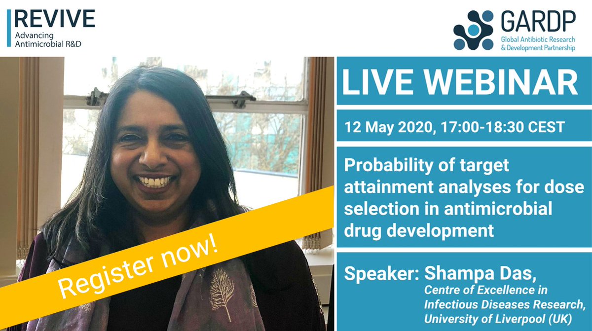 gardp_amr's tweet photo. Not long to go till our next #REVIVE webinar with @shampadaspkpd on analysing the probability of target attainment in development of #antibiotics with a live Q&A session moderated by Vincent H. Tam from @UHouston.
Register here: https://t.co/hDTIYZj312 #WakeUptoAMR https://t.co/JVcaZU3D3d