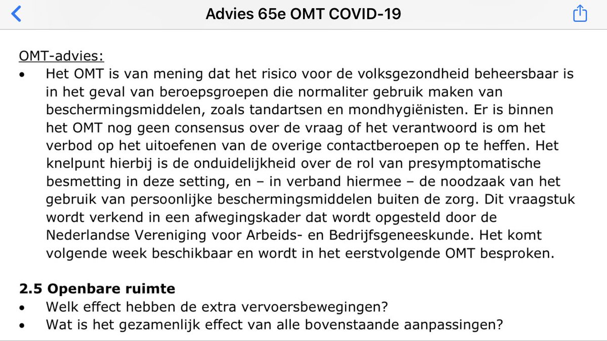 Preview vd persco vd premier v vanavond: “Het OMT is van mening dat het risico voor de volksgezondheid beheersbaar is
in het geval van beroepsgroepen die normaliter gebruik maken van beschermingsmiddelen, zoals tandartsen en mondhygiënisten.”