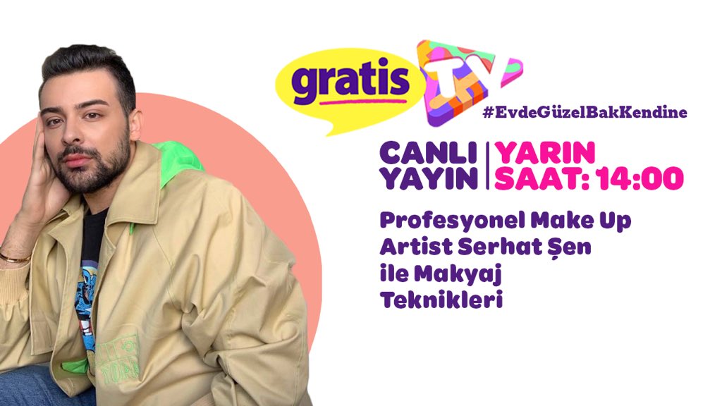GratisTr's tweet photo. Profesyonel Make up Artist Serhat Şen, makyaj teknikleri hakkında merak ettiğiniz soruları yanıtlamak için yarın saat 14.00'de Gratis TV Instagram CANLI YAYININDA olacak! #EvdeGüzelBakKendine #GratisTV https://t.co/N40kBiYZE4
