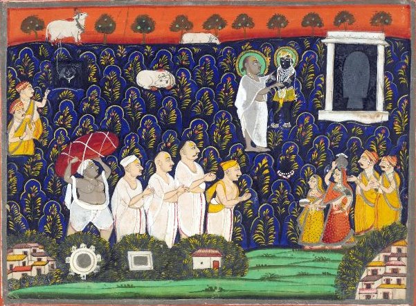 In 1493, he arrived at Govardhana with two disciples and decided to construct a temple but due to attacks, destruction, and looting by different armies, the image traveled through many regions for a number of years. Image: Vallabhacharya's discoveries of Shrinathji