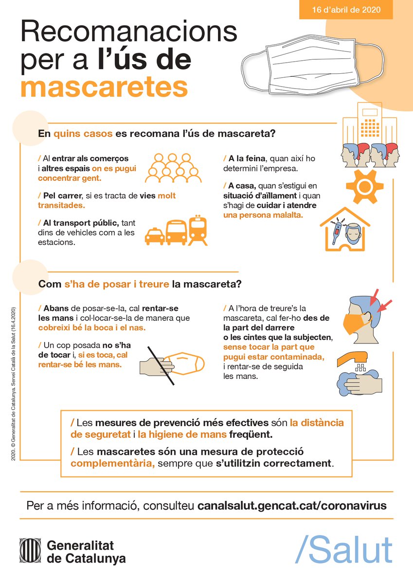 ACEScat's tweet photo. 👍Recomanacions per a l’ús de #mascaretes
🛍️En comerços i espais amb concentració de gent
🏃Pel carrer i vies molt transitades
🚌Al transport públic i estacions
✅Les mesures de prevenció més #efectives són la #distància de seguretat i la #higiene de mans freqüent https://t.co/ULUXOYIqNw