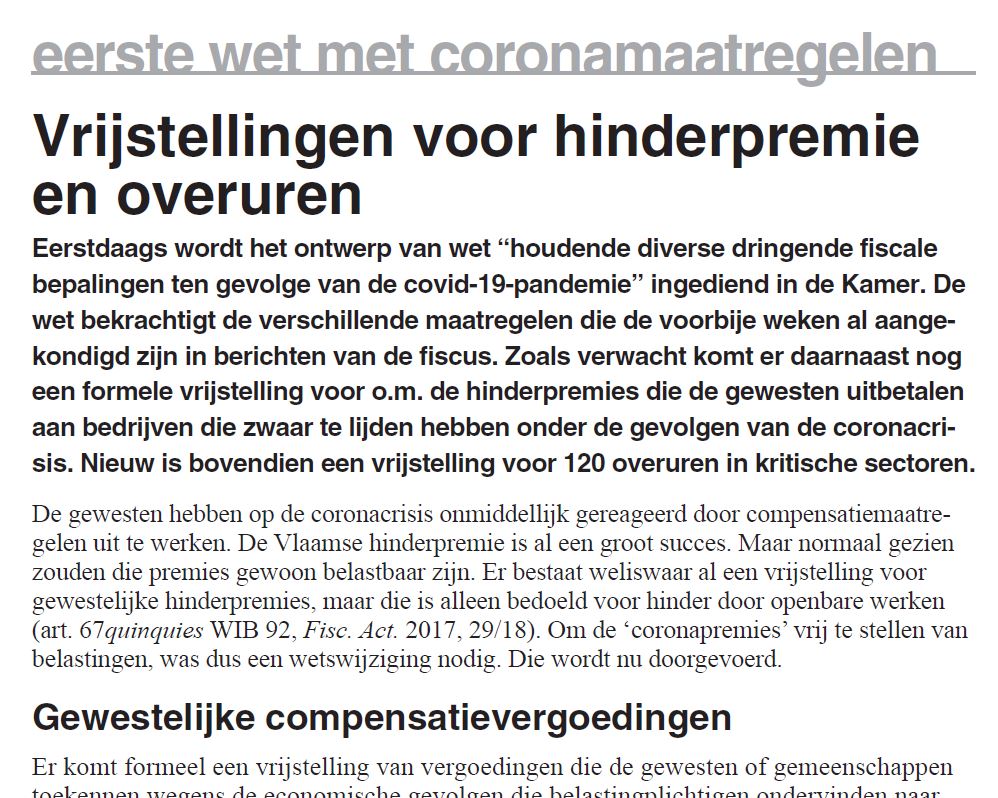 FiscAct's tweet photo. Hinderpremie wordt vrijgesteld van belasting. Eerste wet met coronamaatregelen is op weg naar parlement. #coronavirus https://t.co/YYqnpH2M17