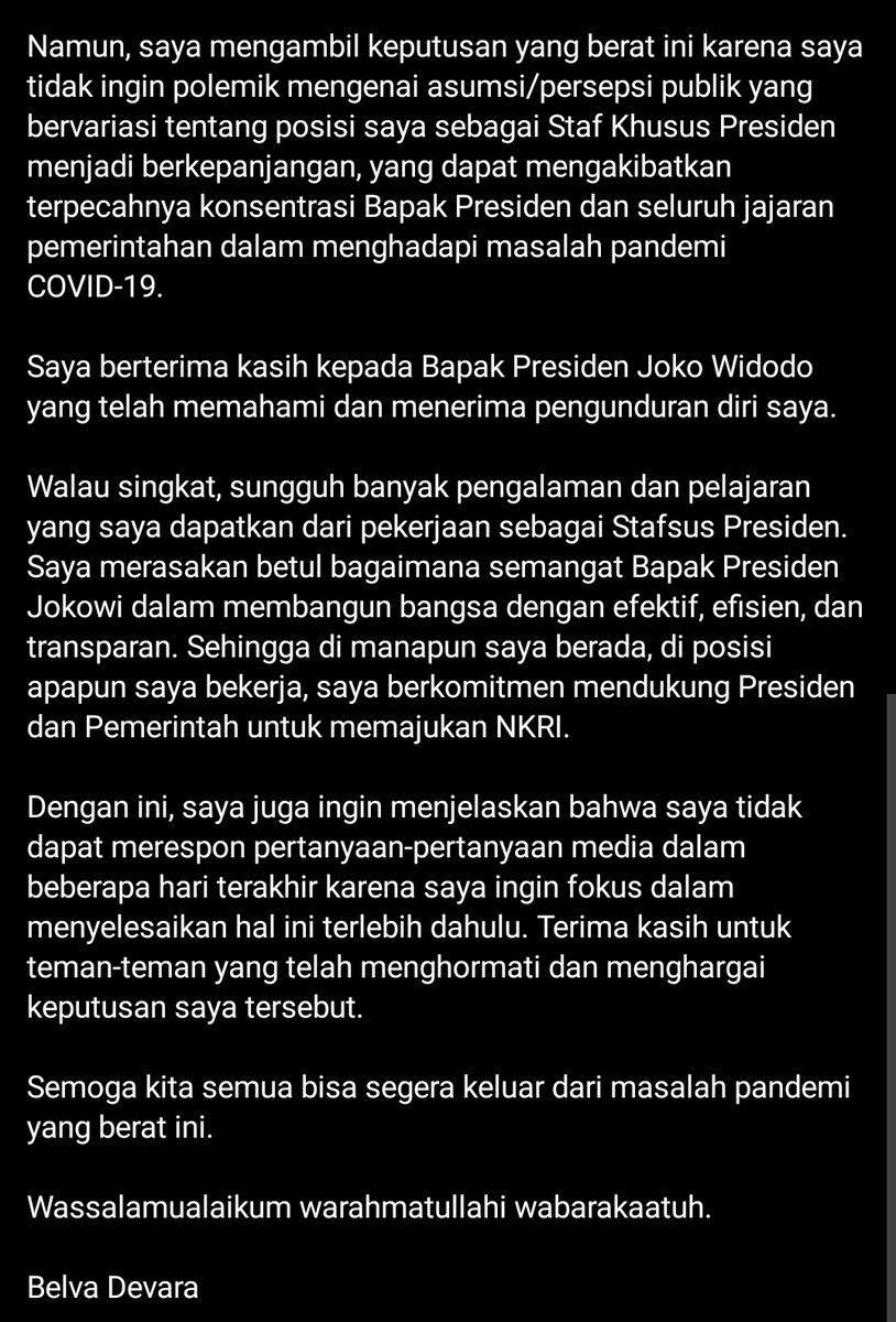 raviopatra's tweet photo. Belva Devara resmi mengundurkan diri sebagai staf khusus presiden.

Hats off. Hats off. https://t.co/gb0Qf7fKF8