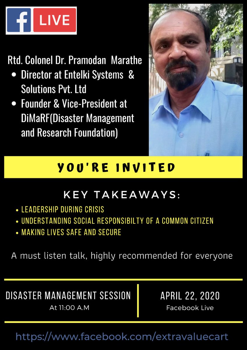 DiMaRF5's tweet photo. Rtd. Colonel Dr. Pramodan Marathe, Founder &amp; Vice-President DiMaRF will go LIVE tomorrow at 11 AM to take a session on Disaster Management. Col. Marathe has myriad of experience in relief and rescue work during crisis.
Do join the session. https://t.co/sVYpwXtV3V