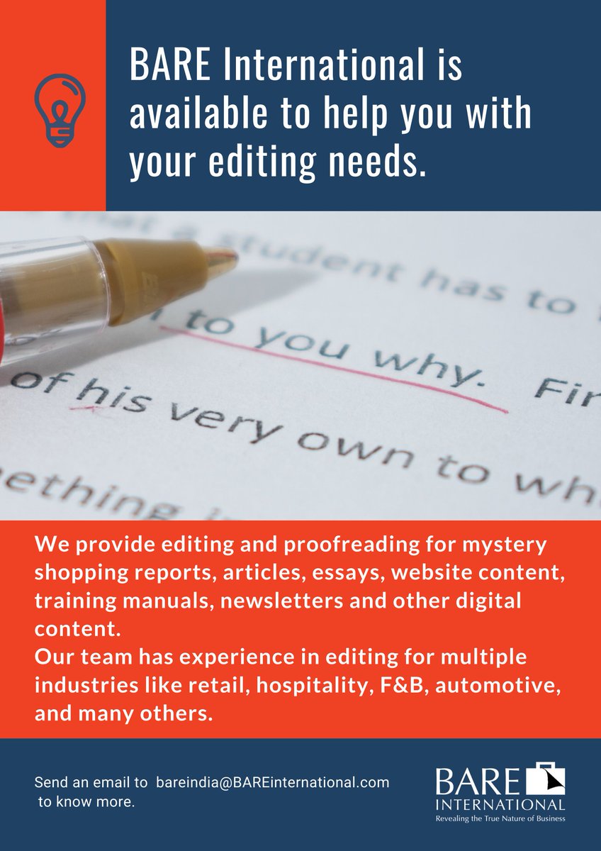 bareindia's tweet photo. BARE International is here to help you with your editing needs! Drop an email to bareindia@bareinternational.com to know more!

#Editingservicesindia  #DataqualityIndia #Editingservices #Thirdpartyservices #Editingneeds #proofreadingservices #hospitality #fnb #retail #Automotive https://t.co/ejIdmKw4iN