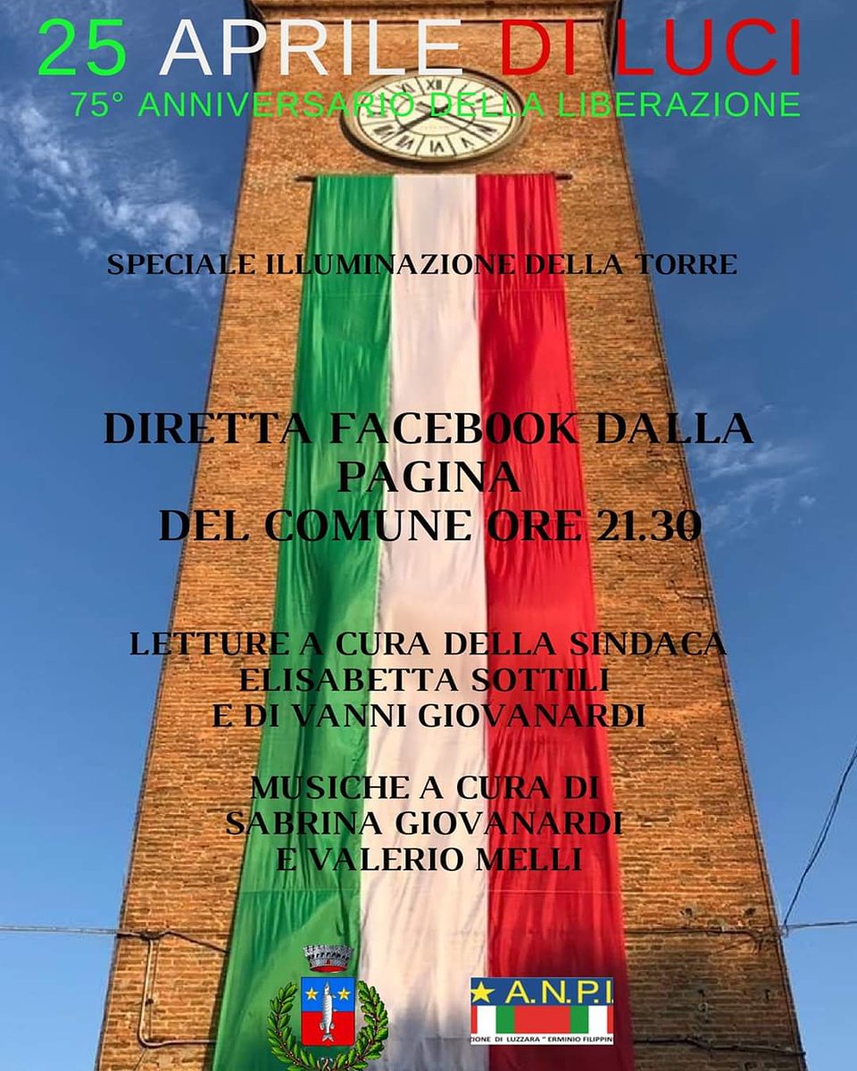 ComuneLuzzara's tweet photo. 🇮🇹 Celebrazione 25 aprile
Sabato 25 aprile torre illuminata con il tricolore, musica e letture in diretta streaming alle 21.30 sulla pagina Facebook del Comune, a cura di Retech di Mattia Fasolo.
Invitiamo tutti a esporre il tricolore.
#25aprile
#luzzara
#anpiluzzara https://t.co/PEZfleIzUC