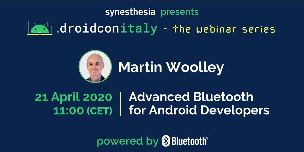 Droidconit's tweet photo. Today's droidcon webinar kicks off at 11:00 CET, with @bluetooth_mdw, talking about Advanced Bluetooth for Android Developers. You can still register here, https://t.co/Bccyz15rr0, see you online! #Android #Androiddev #Android4Everyone Powered by @BluetoothSIG https://t.co/VjxAVgtzjs