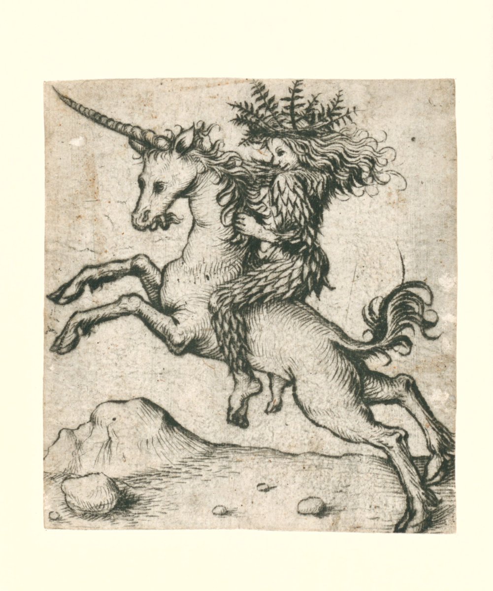 Here is a charming wild man riding a unicorn. Late 15th C,  @rijksmuseum  https://www.rijksmuseum.nl/en/search/objects?q=unicorn&s=chronologic&p=1&ps=12&st=Objects&ii=1#/RP-P-OB-915,1