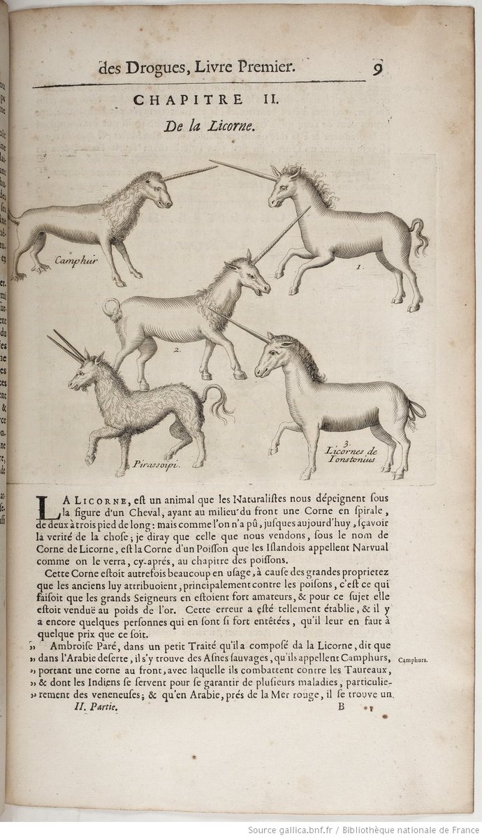 Pierre Pomet, Histoire générale des drogues… (Paris, 1694), liv. II, 9 hits the nail on the head: there was not one unicorn, but many! The unicorn’s horn was believed to be a poison antidote.