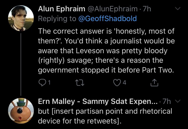 Confusing “some bad headlines” with “meaningful consequences” here. Leveson: The only people who went to jail were sources and hacks Murdoch didn’t pay expenses forChilcot: Tony was all over TV yesterdaySaville: the Tories have been promising to ban for war crimes prosecutions