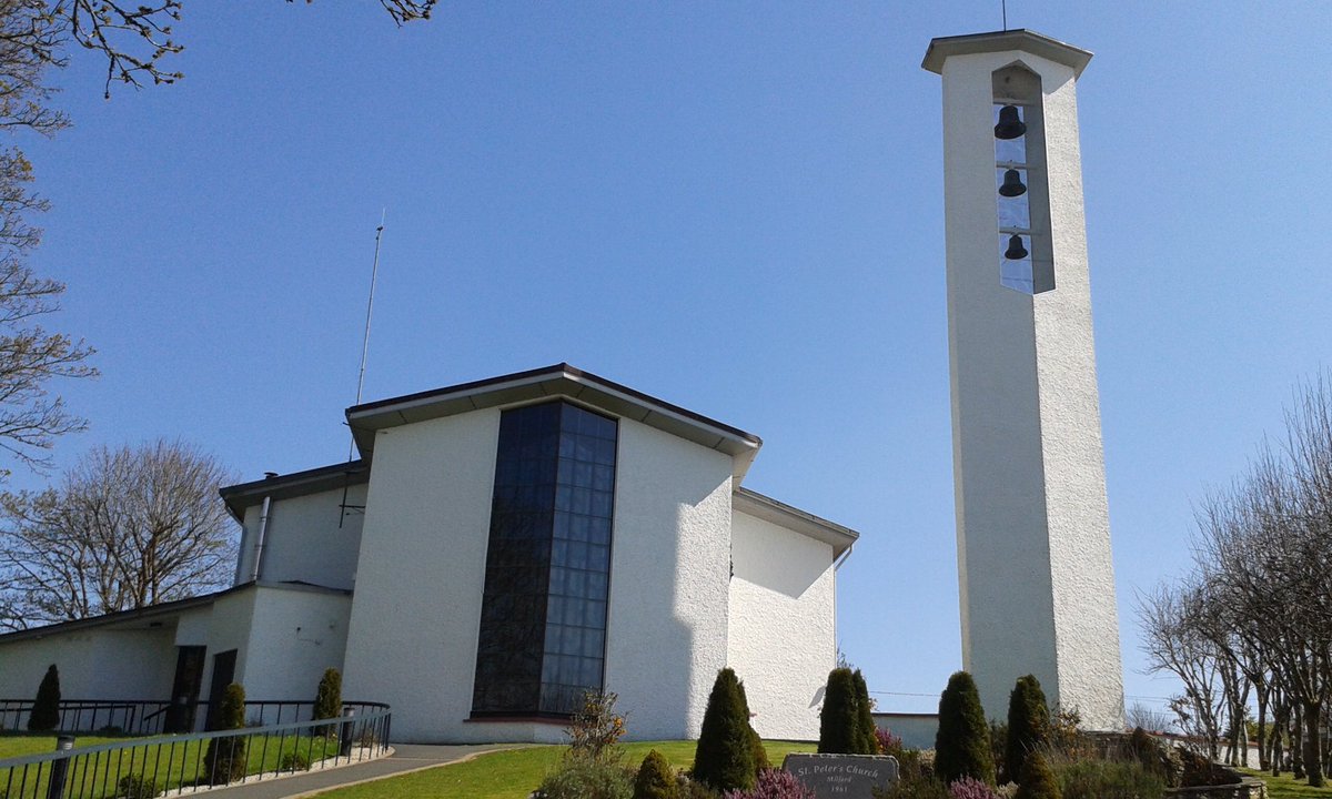 This day five years ago I went on my pilgrimage to see the seven Donegal churches of Liam McCormick, the father of modern Irish church architecture. First his earliest St Peter’s Church, Milford (1961) large in scale with double-height hall and screen-like panels of stained glass