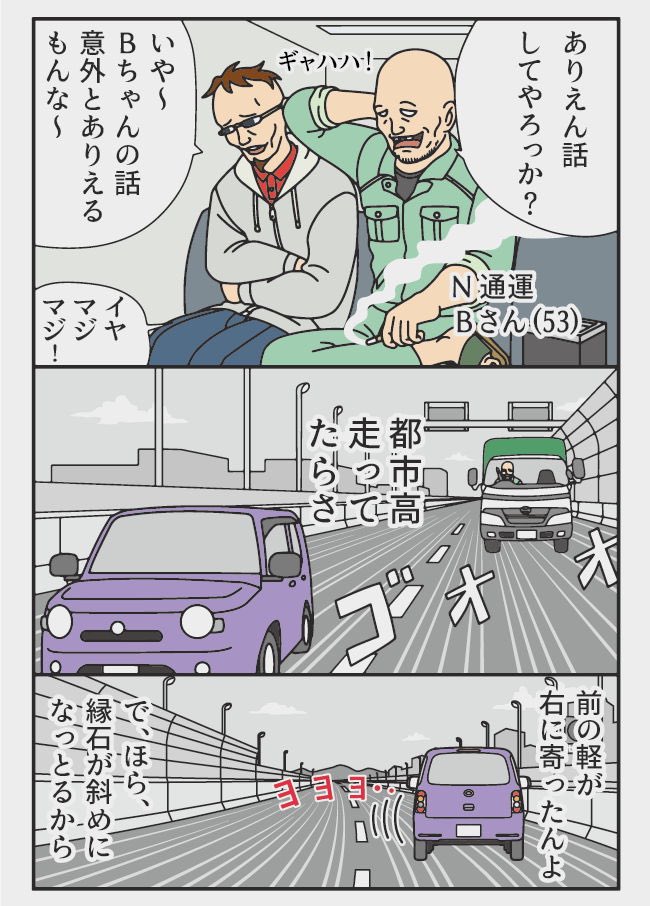 漫画 トラックの怪談
N通運 Bさん(53)
都市高速のヘリって怖い そして自動車ってすごい