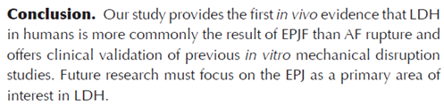 The results from the paper conclude that LDH was more commonly associated with end-plate failure (EPF). 65 % of LDH was due to EPF, whereas 35 % had intact end-plate, suggesting an AF disruption.