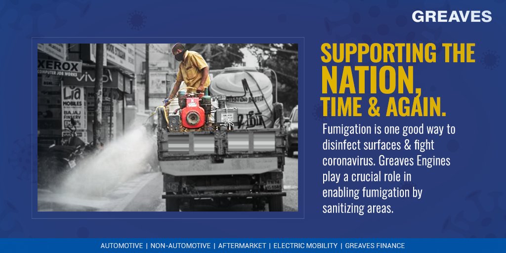GreavesCottonIN's tweet photo. Fumigation is a good way to disinfect areas. We are grateful to all departments using Greaves engines to spray disinfectants &amp; protect our communities. 
Let’s fight this together. Stay safe. Stay indoors.

To know more, visit - https://t.co/SvNfGAY7mN

#GreavesEngines #COVID19 https://t.co/DxOX9dy1rI