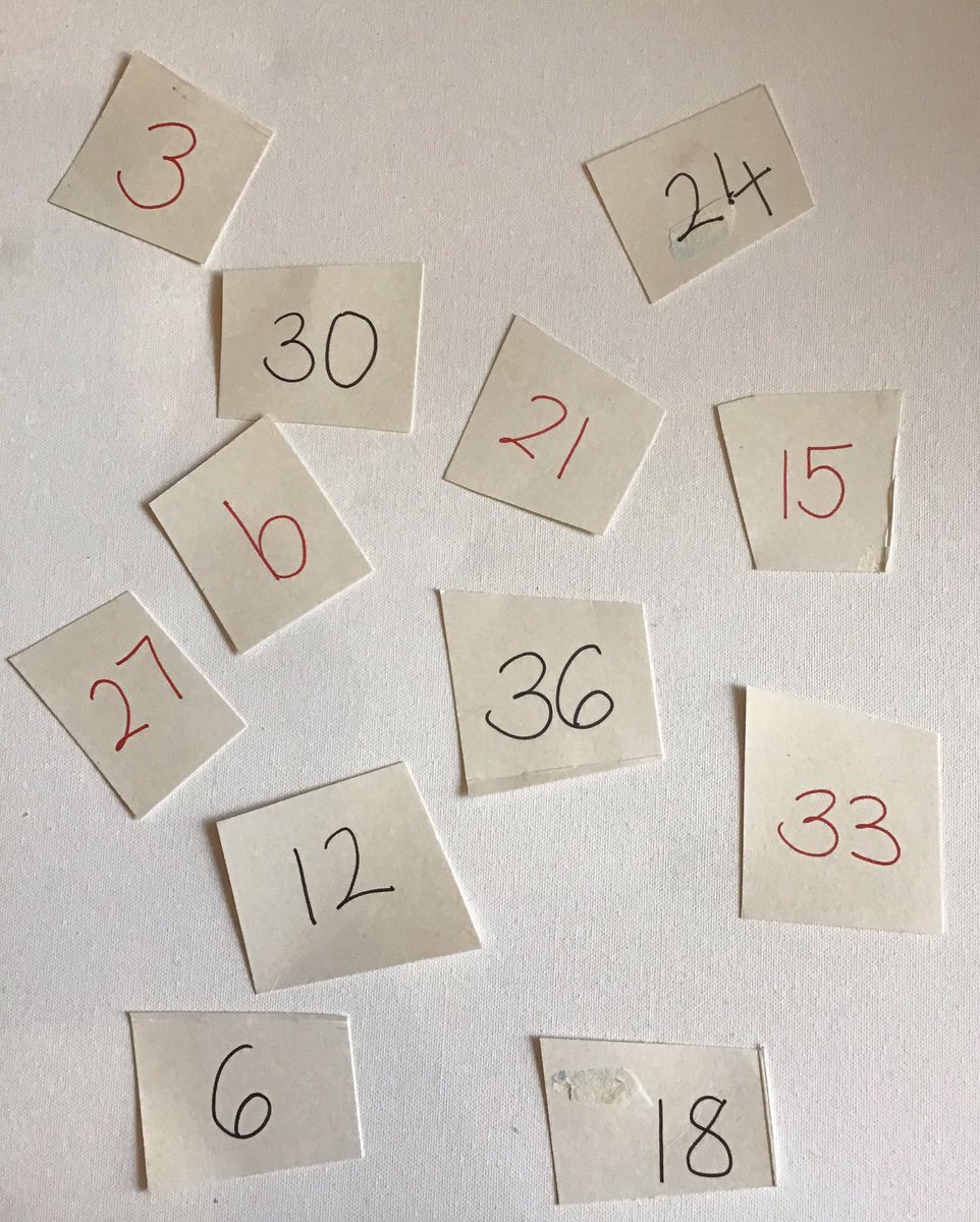 Here’s what we mean about the maths game. First cut out some shapes and write the multiples of 3 on them.