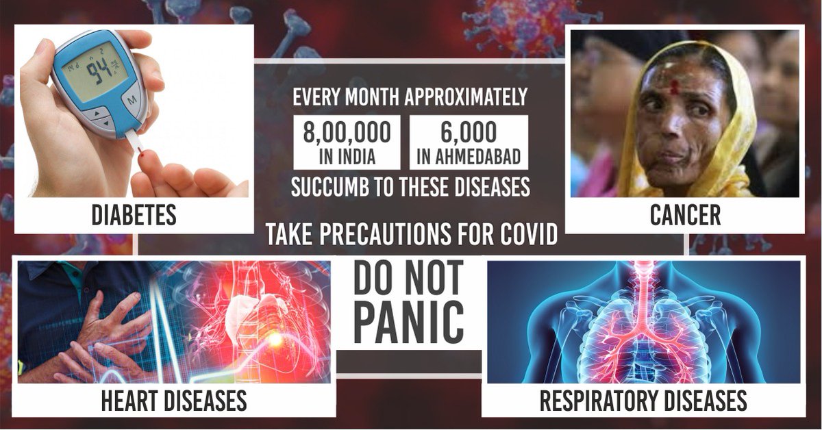 mpparimal's tweet photo. As per reports, every month approx 8L ppl in India & 6000 in #Ahmedabad succumb to various heart diseases, cancer, blood pressure, diabetes & other respiratory diseases.
While taking #COVID19 precautions it is necessary we should avoid panicking.
#PrecautionNotPanic https://t.co/3Ddp8PfaOX