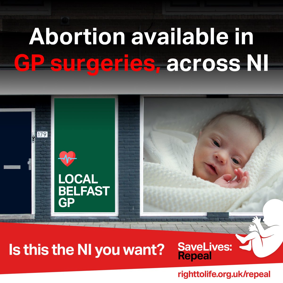 RightToLifeUK's tweet photo. Abortion available in GP surgeries across Northern Ireland.

Is this the NI you want? Save lives! Tell your MLAs to repeal the extreme abortion law set to be imposed next week. #SaveLivesRepeal https://t.co/rwrbWodGww