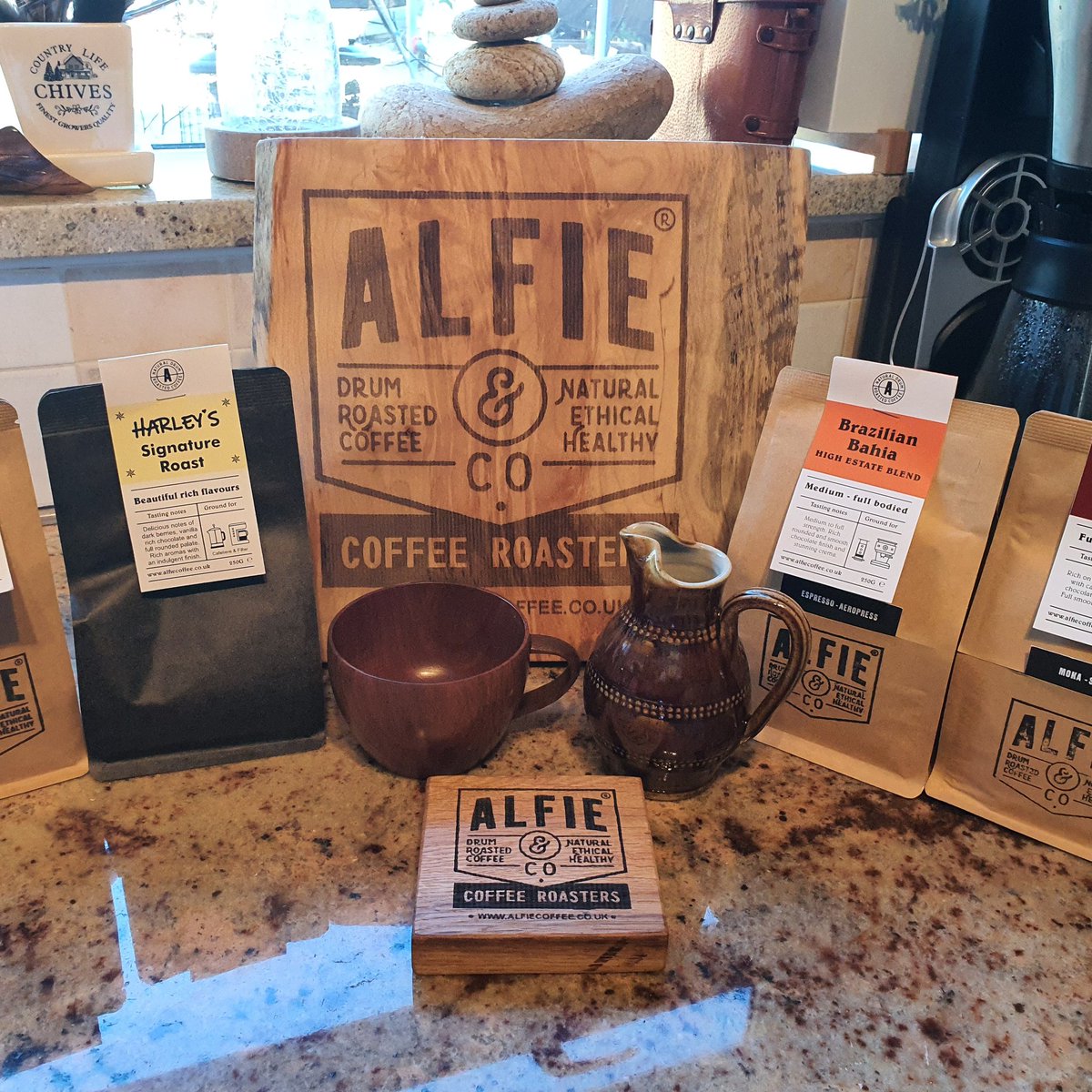 Lots happening at Alfie Coffee 
Our new 100 gram taster bags are nearly ready, along with our taster boxes. We are just waiting on their labels arriving. Also introducing our hand made real oak Alfie coffee coasters. You can have a personalised message engraved in them. Stay safe