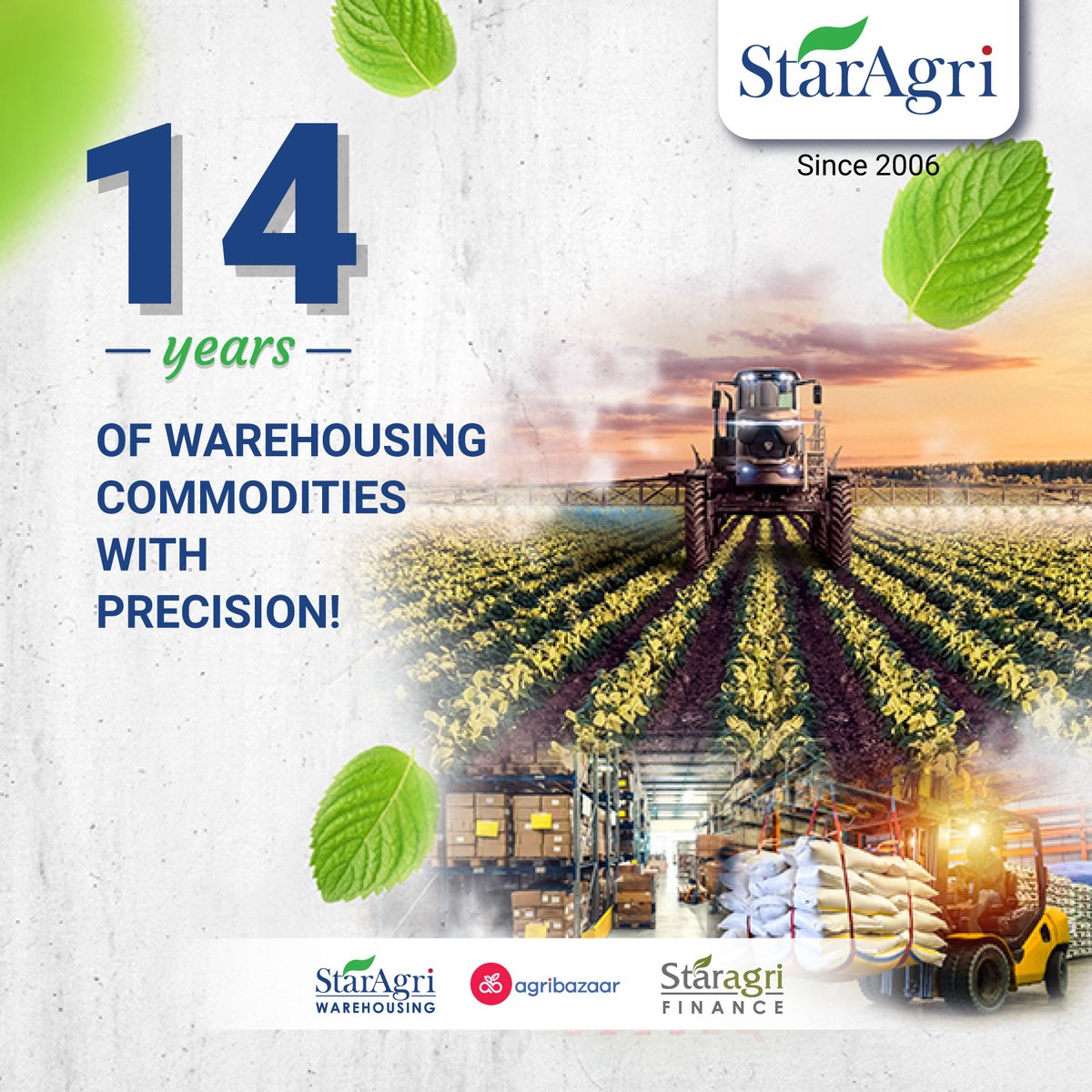 On the occasion of StarAgri's 14th Anniversary, We would like to extend our gratitude to our customers, employees and many others who have been part of our journey so far. Thank You for being part of us
#14YearsofWarehousingprecision #April2006 
#Warehousing #CollateralManagement