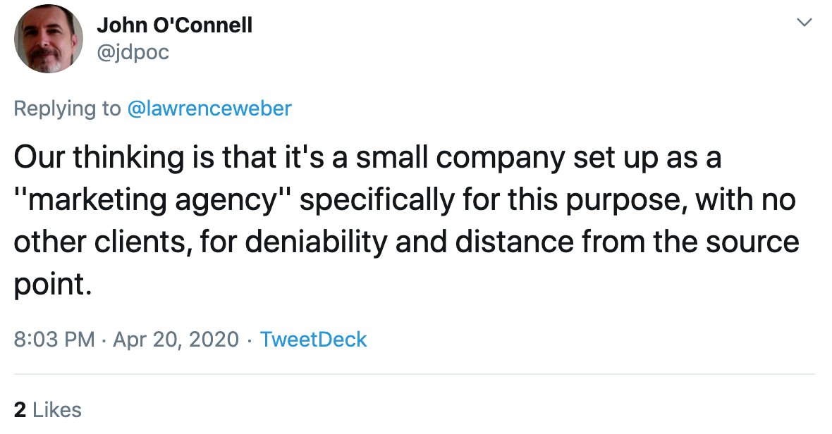 He's also convinced he knows who the marketing agency is - and hasn't revealed any details about that - yet is curiously unaware of how it actually operates, but is confident Matt Hancock isn't involved.