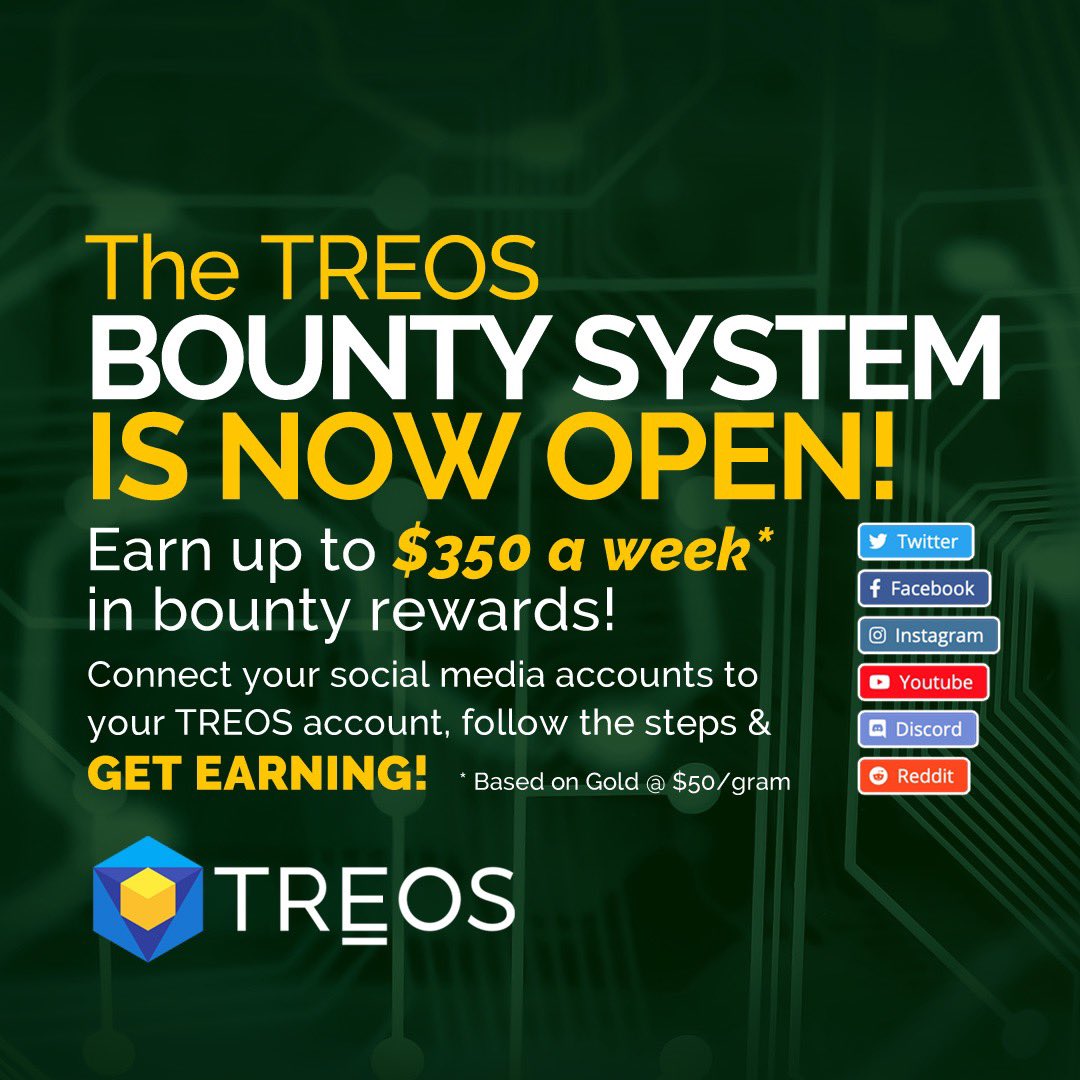 The #TREOS Bounty System is now open!

With earnings up to $350/week up for grabs, 
connecting your social media accounts to your 
TREOS account is fast &amp; easy!

Head over to TREOS.IO &amp; start earning, TODAY!

#TRO #TREOS #BTC @Facebook
@Twitter <a href="/instagram/">Instagram</a> <a href="/YouTube/">YouTube</a>