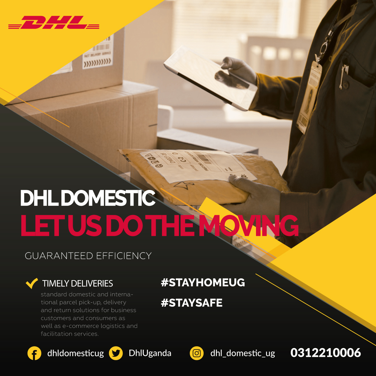 Let us do the moving so you can #StaySafeAtHome
Contact us for domestic and international parcel pick-up, delivery and return solutions for business customers and consumers as well as e-commerce logistics and facilitation services.
