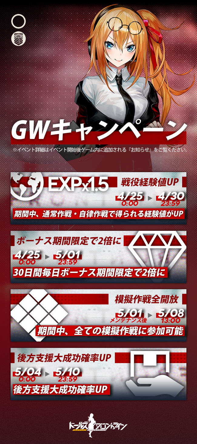 ドールズフロントライン公式 Gwキャンペーン予告 確率upに引き続き Gwを楽しんでいただけるようなキャンペーンを開催いたします 全ての模擬戦を開放したり戦役経験値upなど見逃し厳禁ですよ 詳しいスケジュールは下図をご確認ください ドルフロ