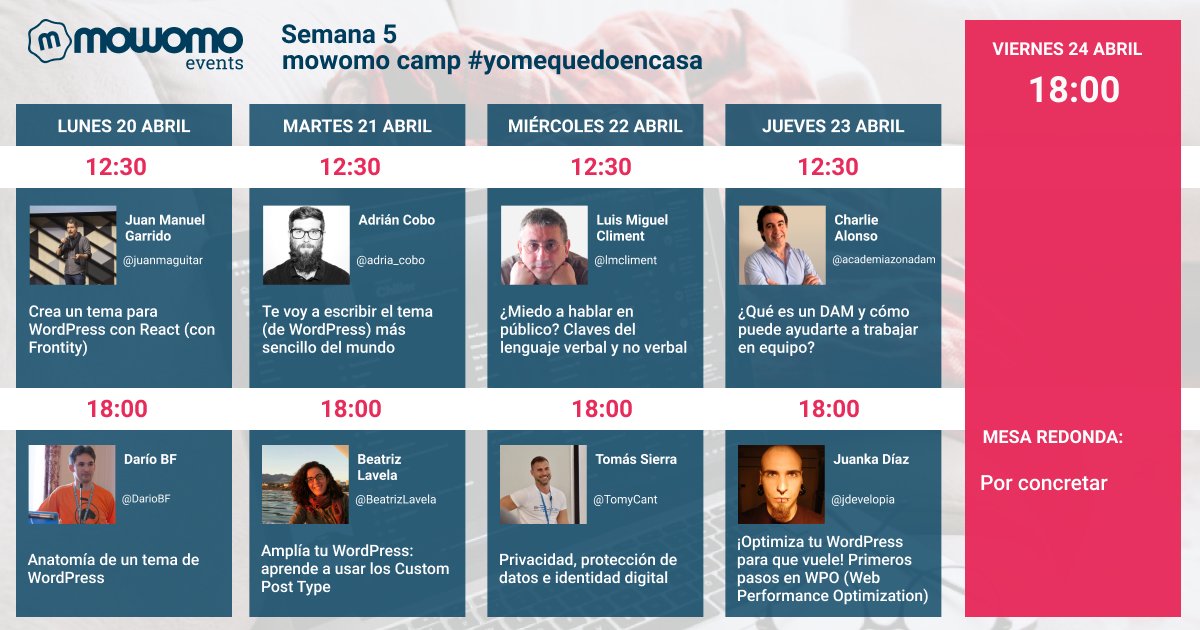Volvemos a revisar la 5ª semana del #mowomocamp #yomequedoencasa que contamos con:

👤<a href="/juanmaguitar/">juanma</a>
👤<a href="/DarioBF/">Darío BF ¯\(ツ)/¯</a>
👤<a href="/adria_cobo/">Adrián Cobo</a>
👤<a href="/BeatrizLavela/">Beatriz Lavela Pérez</a>
👤<a href="/lmcliment/">Luis Miguel Climent</a>
👤<a href="/TomyCant/">~Tõm¥~</a>
👤<a href="/academiazonadam/">zonadam</a>
👤<a href="/jdevelopia/">JuanKa Díaz</a>

👉mowomoevents.com/yomequedoencas…