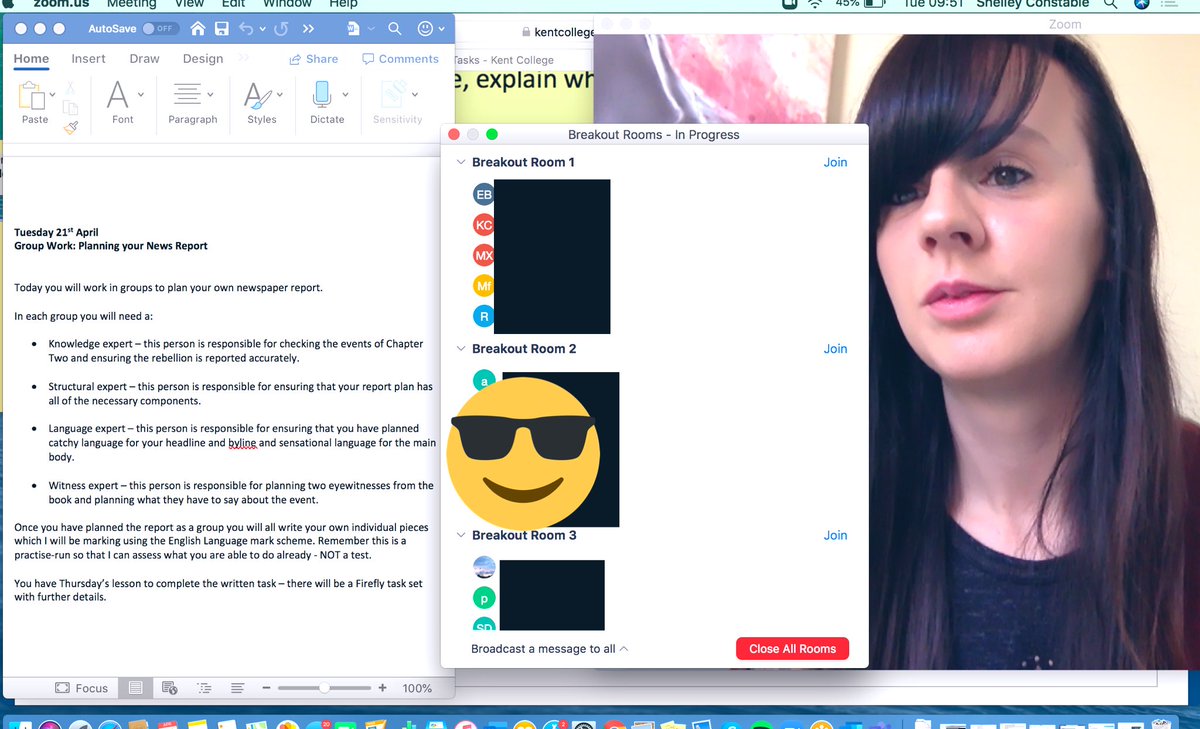 Shelsks's tweet image. Very much enjoying Zoom breakout rooms for differentiated group work - what a great tool! @KentCollegePemb #continuityofeducation #teachingremotely